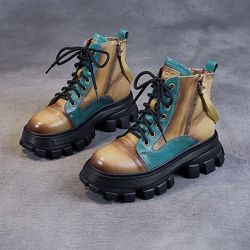 Fall/Winter Boots, Women's Chunky-Soled Color-Block Riding Boots, Vintage High-Top Ankle Boots, Fashionable Versatile Women's Boots