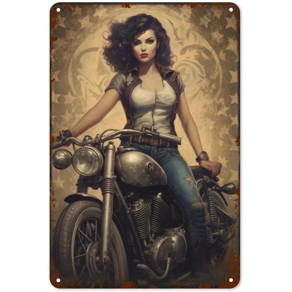 Metal Tin Signs Pinup Motorcycle Girl Wall Decoration Plaque Vintage Poster Iron Painting for Man Cave Home Cafe Garden Club Bar