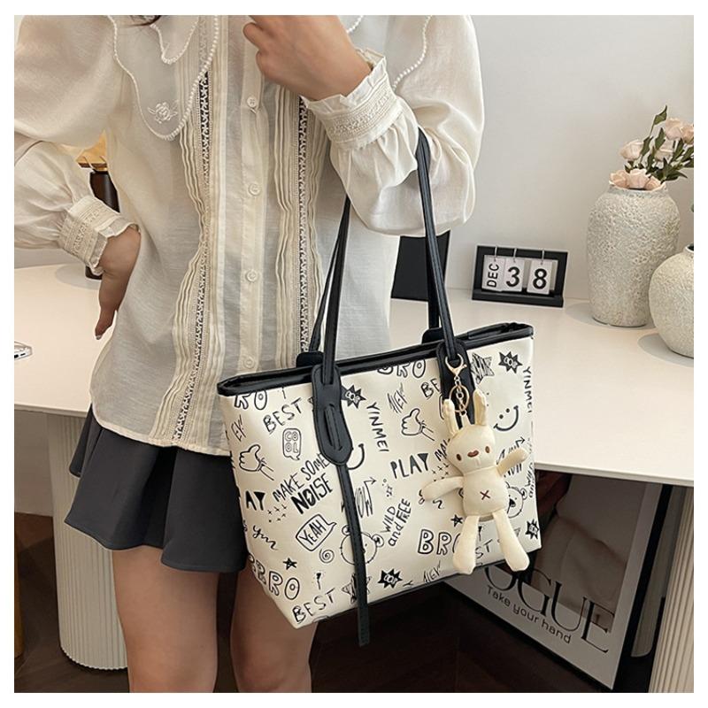Contrasting color big bag women's spring summer new cute cartoon printed shoulder bag versatile trendy tote bag