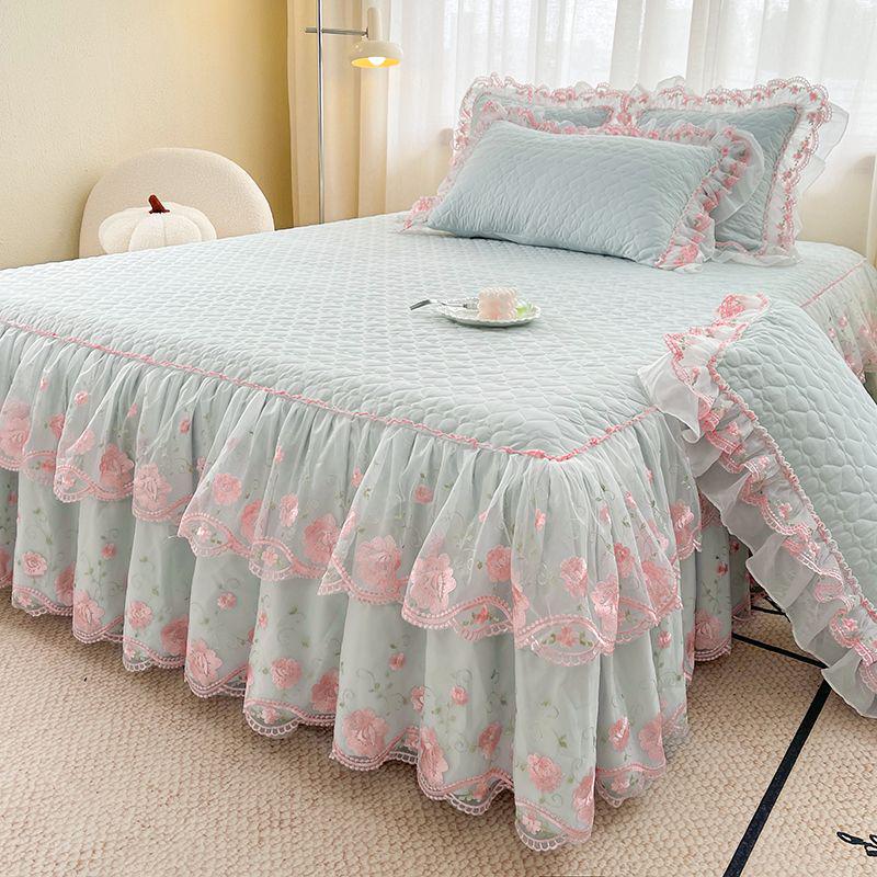 Korean Style Lace Bed Skirt & Sheet Set - 3-Piece Quilted Dustproof Full Wrap Bed Cover