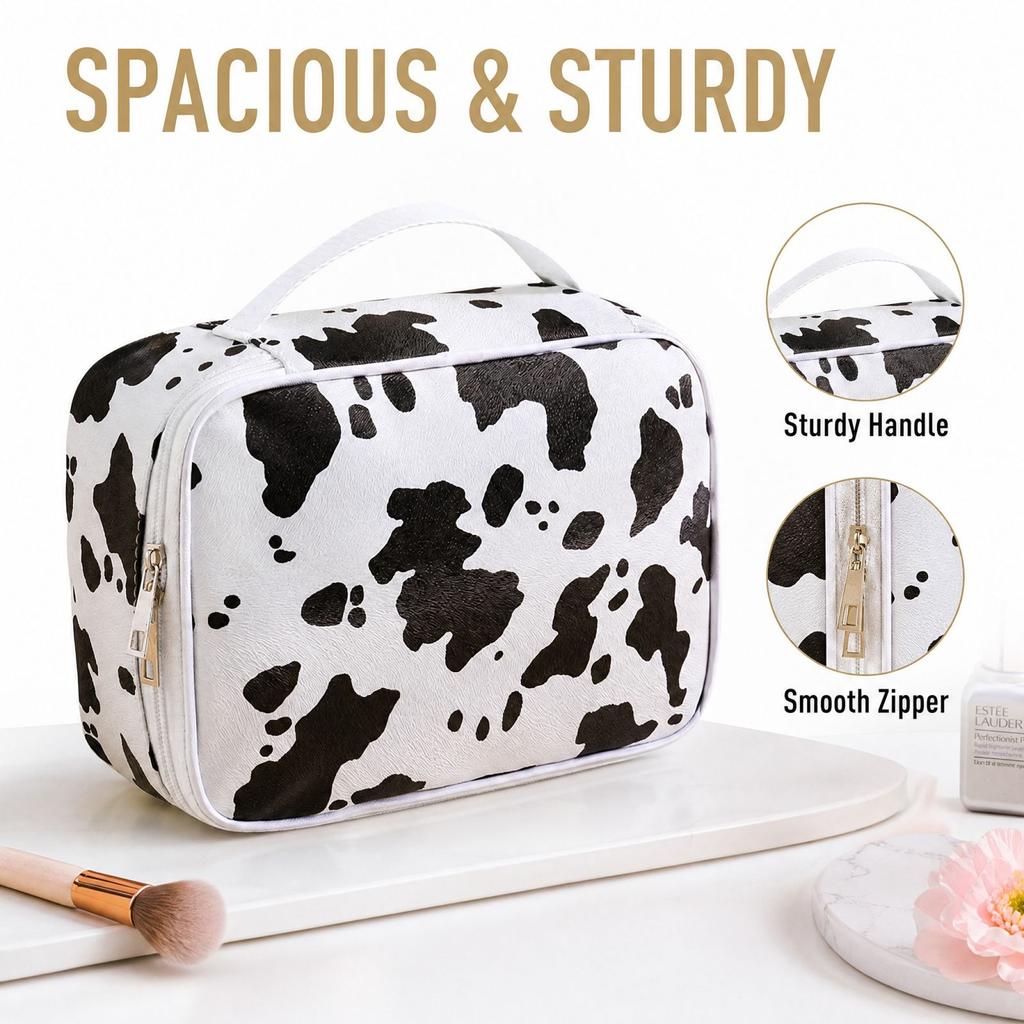 Cow Print Leather Makeup Bag, Portable - Cosmetic Storage Pouch
