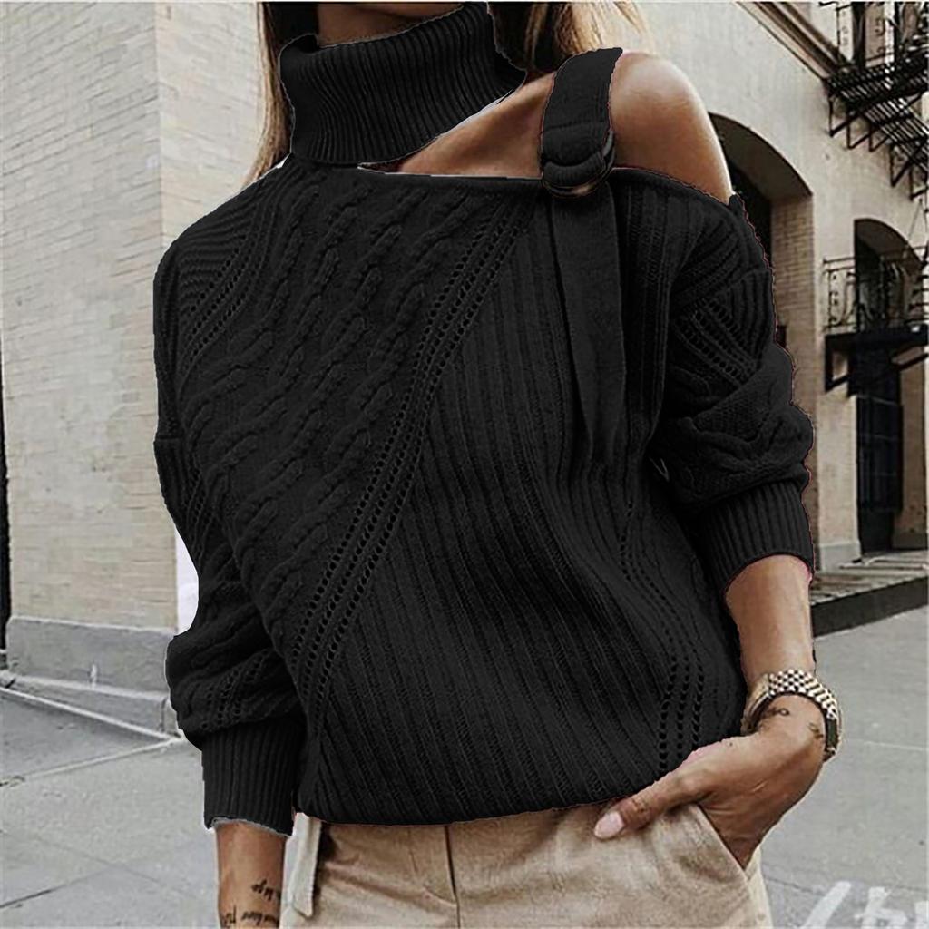 Women's  And Winter Casual Loose Solid Color Stitching Long-sleeved Stand Collar One Side Strapless Knit Sweater Top