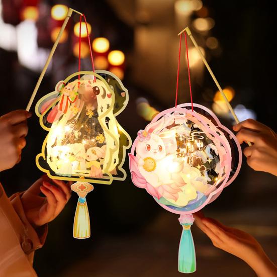 Chinese DIY Rabbit Lantern Kit Mid-Autumn Festival Handheld Glowing Lantern Retro Rabbit Lamp for Spring Festival New Year Party Decor