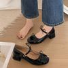 Retro red bow thick heel light mouth single shoes women's 2025 new versatile round head height increase Mary Jane small leather shoes
