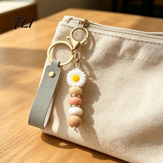 Anti Oxidation Metal Keychain Silicone Flower with Faux Leather Wristlet, Car Key Holder Ring Pendant, Handbag Backpack Charm Wood Beads Aesthetic