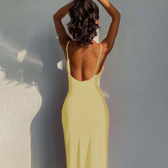 Dámské šaty na ramínka s výstřihem do V, bez rukávů, slim fit, plážové šaty, jednobarevné, lesklý povrch, midi šaty, pro každodenní nošení