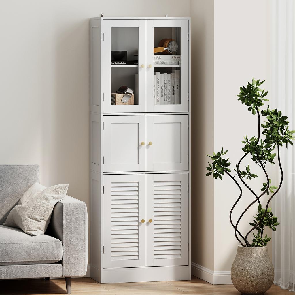 Tall Bathroom Cabinet, 6 Doors, 2 Glass, 2 Louvered, Adjustable Shelf, White