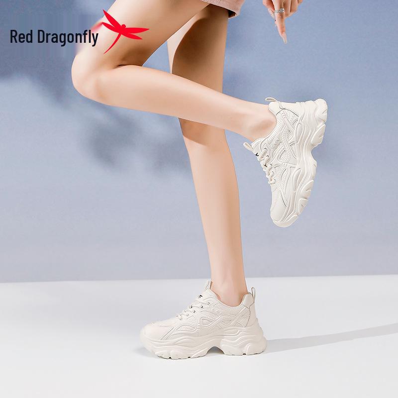 Women's Red Dragonfly Summer Mesh Dad Shoes: Casual, Breathable, Thick Soles, Height-Boosting Sports Sneakers