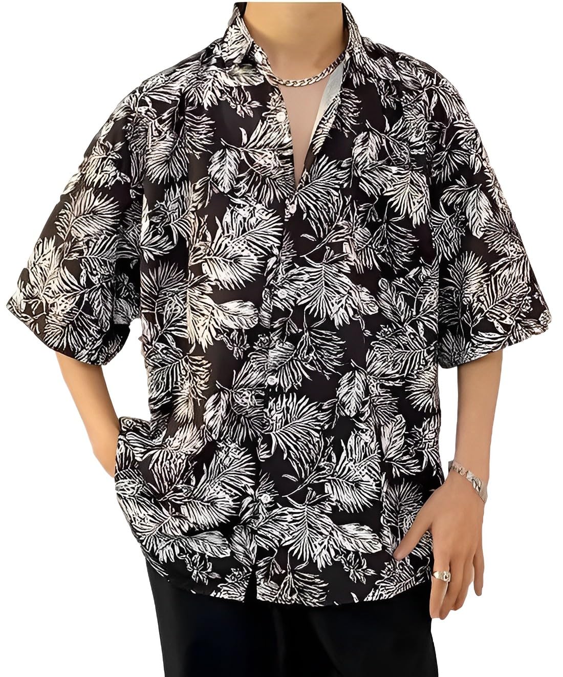 

Стильная мужская рубашка Алоха с коротким рукавом [Четыре листа], Летняя, Белая, чёрный