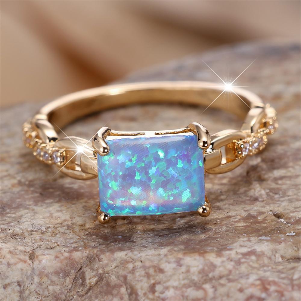 Square Stone Blue Fire Opal Engagement Rings For Women Vintage Gold Color White Zircon Wedding Band Birthstone Gift