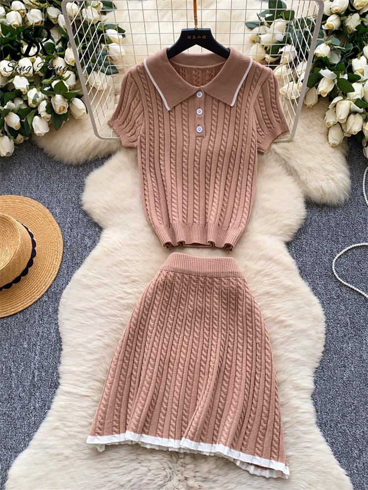 Fashion Knitted 2pc Two Pieces Suits Skinny Short Sleeves Polo Shirt+Short Skirt Drilled Women Simple Style Summer Sets