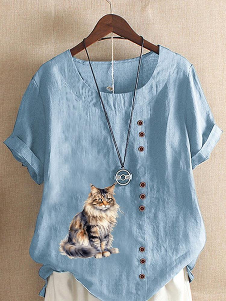 Women's Fashion Cat Print Round Neck Short Sleeve T-shirt Summer Casual Cotton Linen Graphic Shirt Leisure Loose Blouse Tops