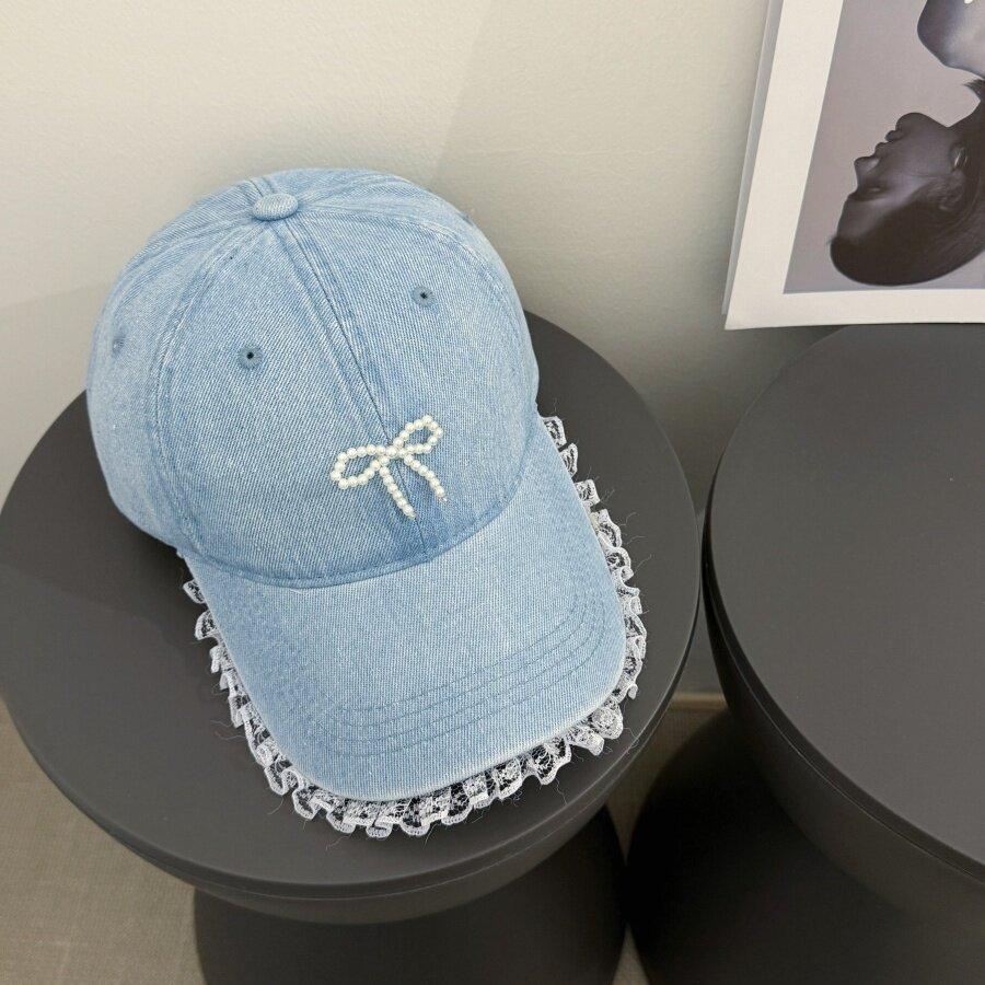 

Korean Lace Denim Baseball Cap Women Sweet Cute Three-dimensional Pearl Bow Duckbill One Size