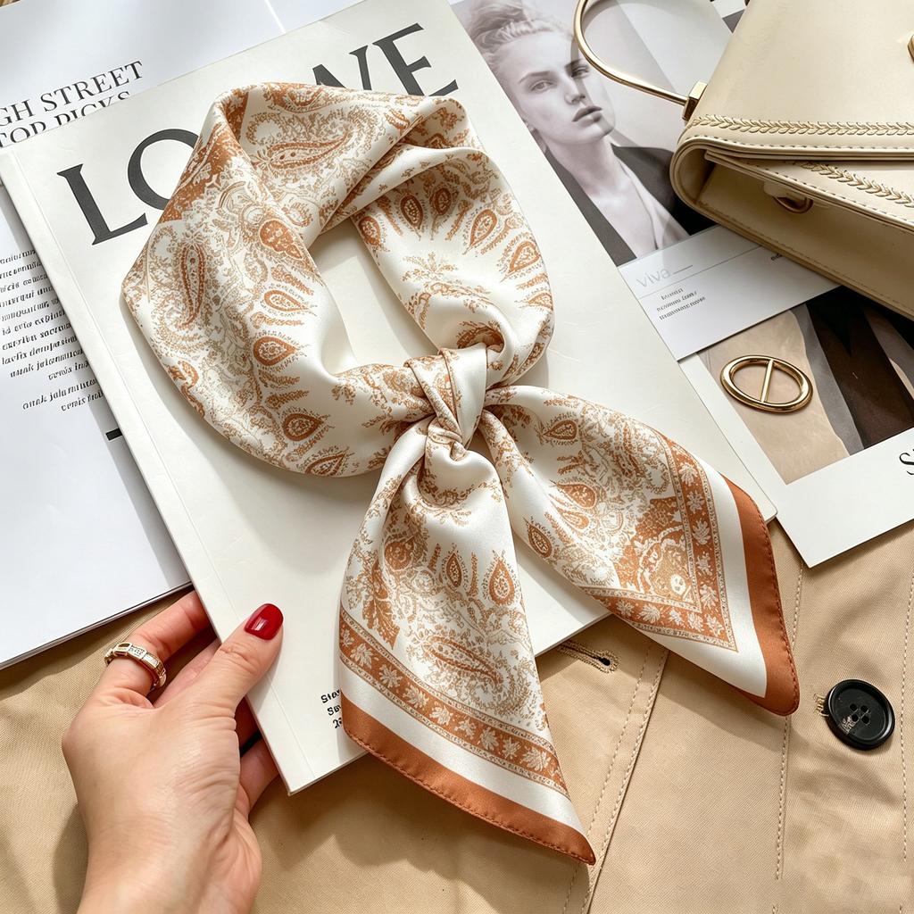 Commuter elegant flower silk scarf women's contrasting color retro printing satin scarf shirt with multi-purpose decorative small scarf