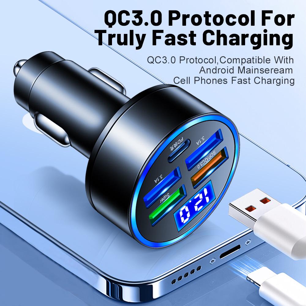 150W 5-Port Digital Display Car Charger with Voltage Display