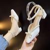 French girl bow pearl bag head single shoes women's heel thick heel retro Mary Jane shoes 2025 new sandals