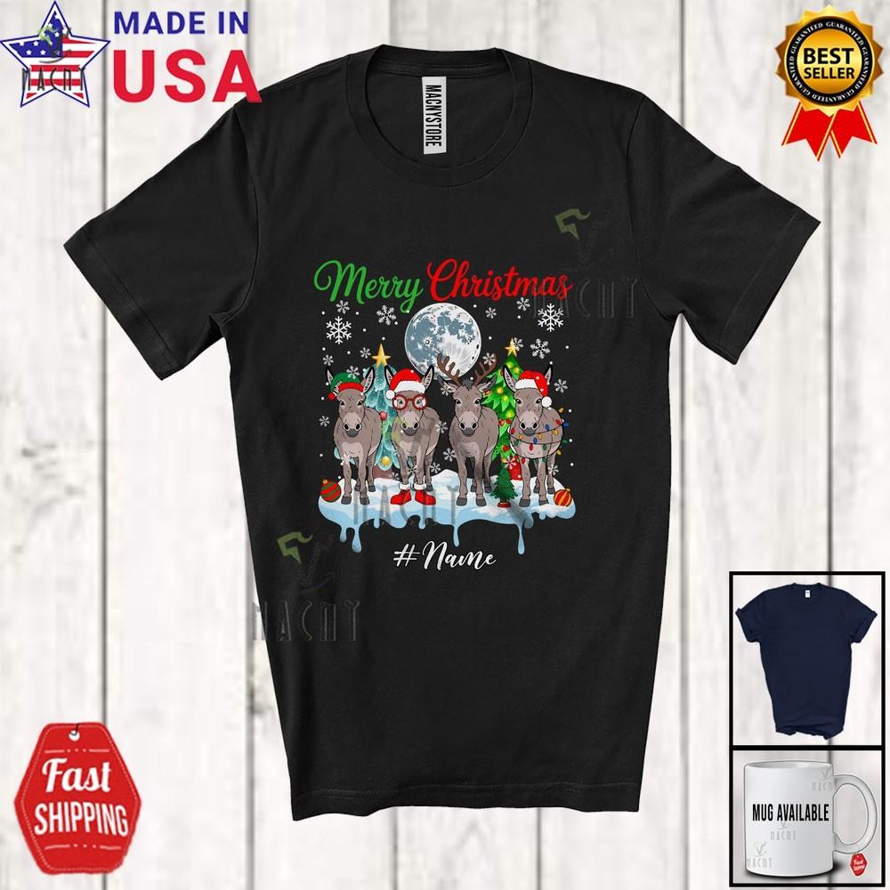 Custom Name Merry Christmas Lovely Moon Elf Santa Donkey Farm Farmer T-Shirt 4XL