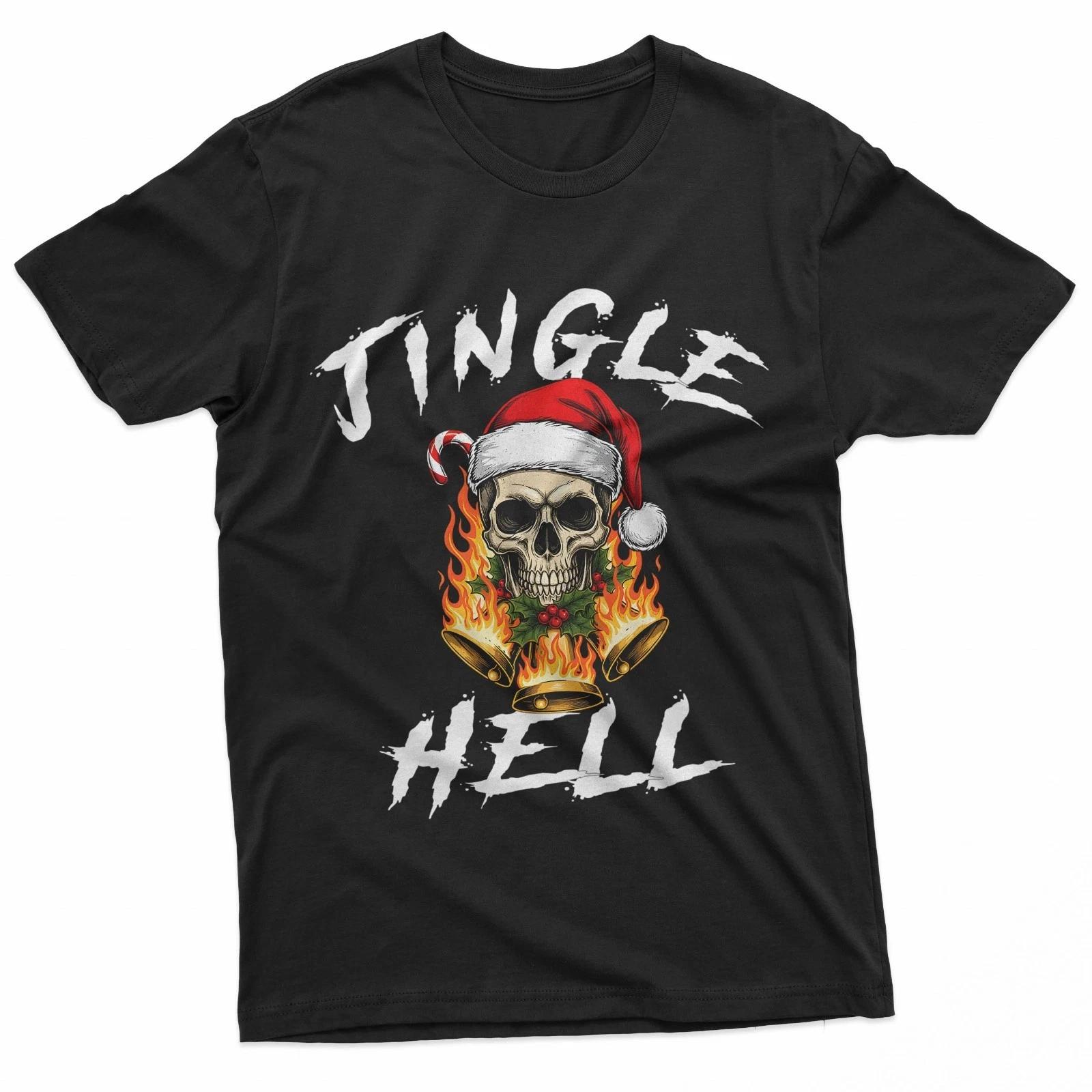 Jingle Hell Christmas Skull Santa Hat Flames Bells Funny Gothic T-Shirt XS