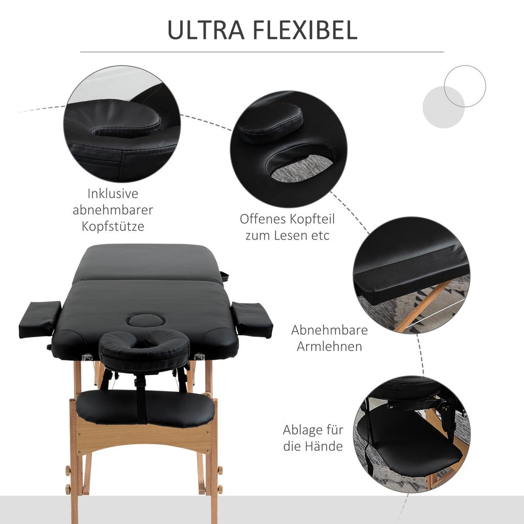 Portable Massage Bed, Folding Spa Beauty Massage Table with 2 Sections, Carry Bag and Wooden Frame, Black