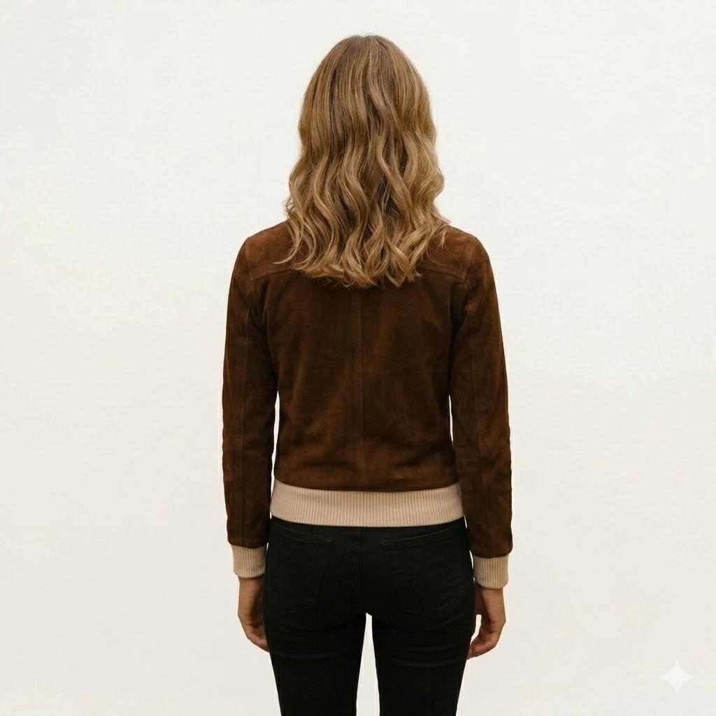 Stylish Bomber Brown Suede Lambskin Leather Jacket Genuine Fit Women's Handmade
