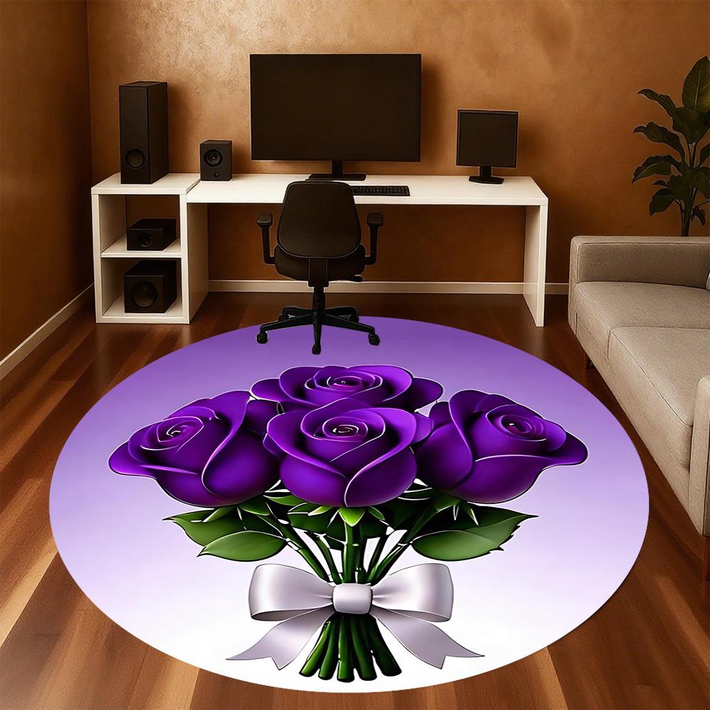 1pc Purple Roses Bouquet Round Chair mat office Area Rug - Non-Slip, Floor Mat for Office, Bedroom, and Indoor Decor p127125