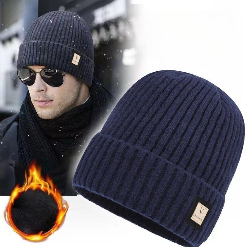 Herren Winter Verdicken Warm Fleece Gefüttert Gestrickte Wollmütze Mode Alle Match Koreanischen Stil Einfarbig Beanie