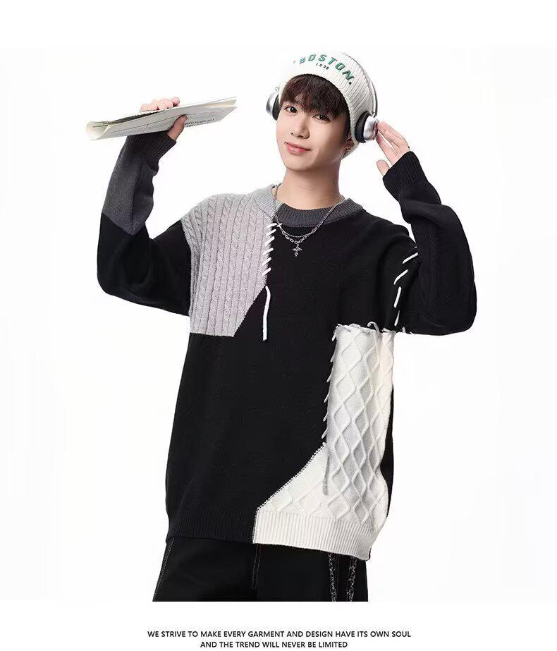 Men's Patchwork Color Block Sweater - Winter Casual Loose Fit Knitwear with Personality Design