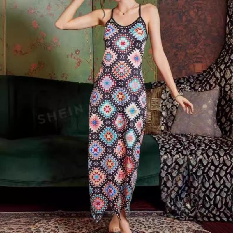 Bohemian Halter-print Sleeveless Skirt U-neck Personalized Street Dress