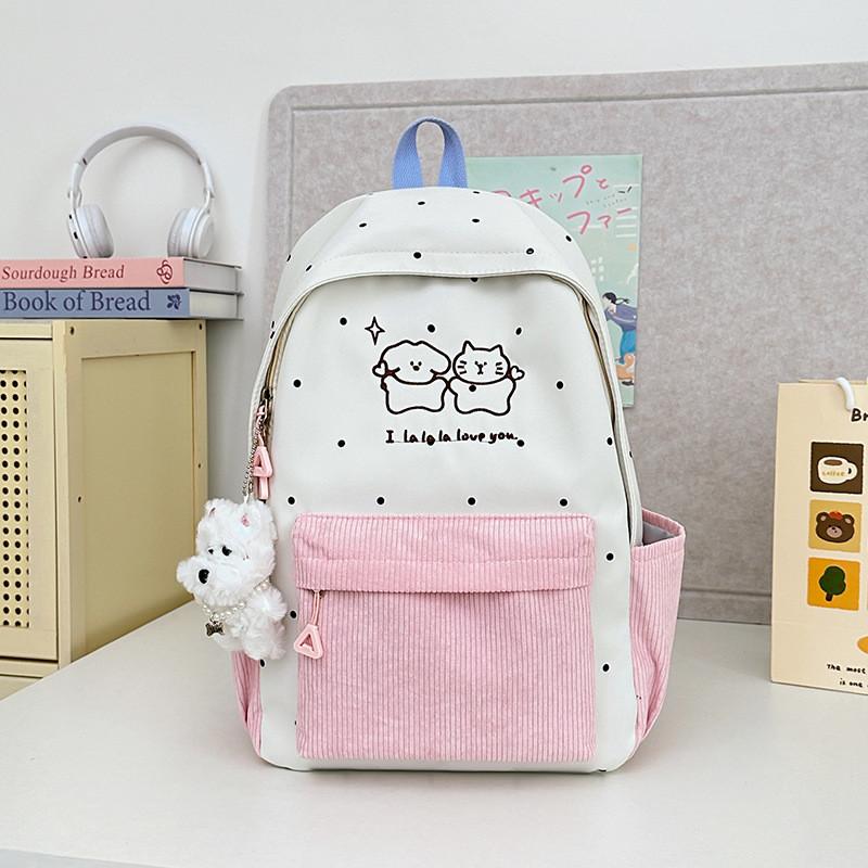 Soft Girl Dot Pattern Nylon Backpack With Cartoon Puppy And Polka Dot Print Designfor Teens And Adults
