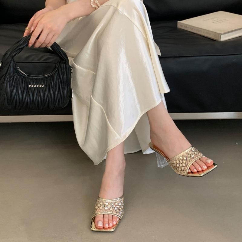 Fashion Shoes Glitter Slides Ladies' Slippers Low Slipers Women Heeled Mules Square Toe Jelly 2025 High Summer Rubber Crystal Rome Fabri