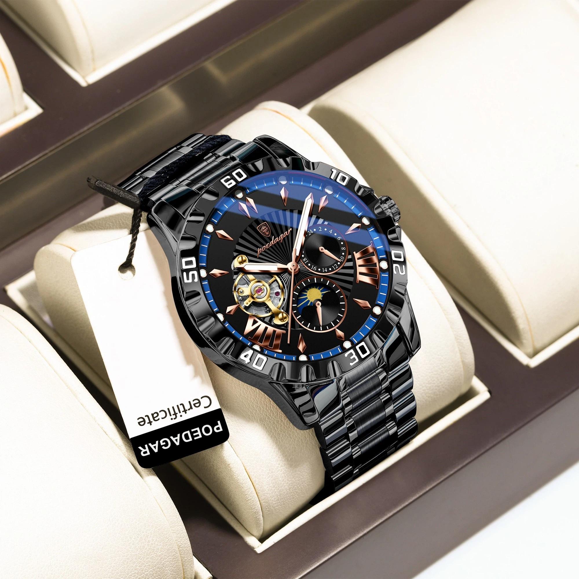 

POEDAGAR Luxury Automatic Mechanical Man Wristwatch Tourbillon Stainless Steel Clock Waterproof Luminous Sport Watches чорний/синій