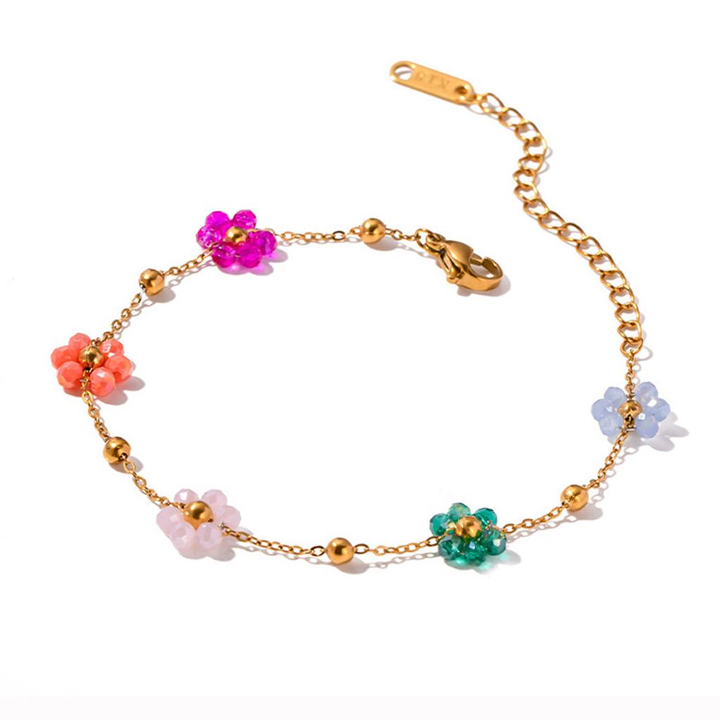 Colorful Flower Bead Necklace and Bracelet Set Fashionable Sturdy Steel Jewelry Accessory for Trendy Women Ladies