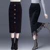 2022 Winter Faux Mink Velvet Midi Skirt with Split and Lace Detail