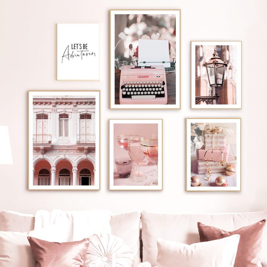 Pink Vintage Canvas Paitning Wall Poster and Prints Typewriter Bike Fashion Car Goblet Modern Wall Art Pictures for Living Room