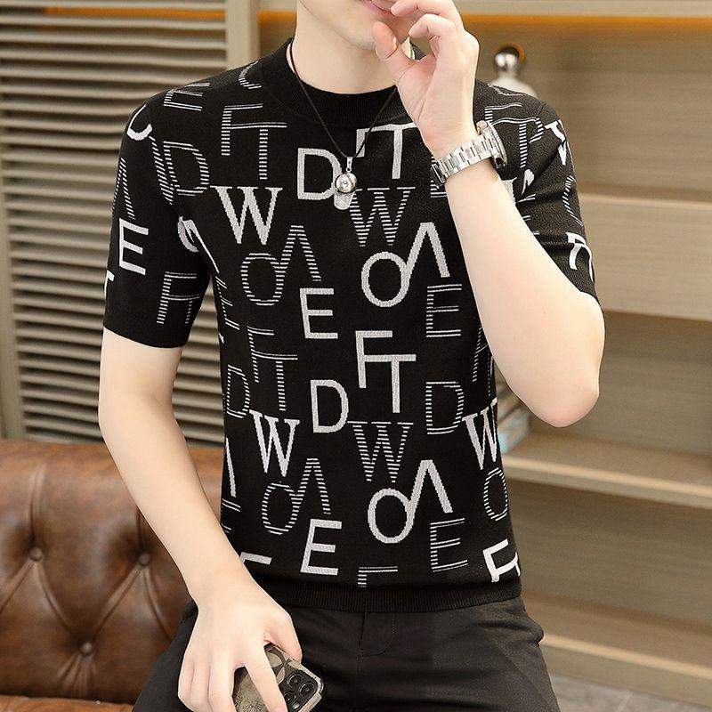 

Трендовая мода осень зима новые мужские с круглым вырезом и принтом букв корейские повседневные универсальные узкие свитера с коротким рукавом трикотажные футболки топы 4XL чёрный