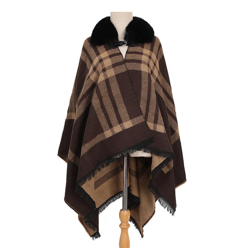 

Хутряний комір плед шаль Жіноча накидка шаль двостороння в язана шаль пончо one size кавовий