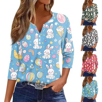 Camiseta feminina estampada com botões, manga 3/4, moda diária, de fim de semana, básica, decote em V, top regular