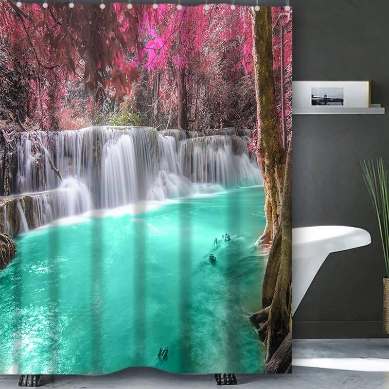 Beautiful Waterfall Bathing Curtain  Bathroom Shower Curtain Waterproof With 12 Hooks Home Deco Free Ship