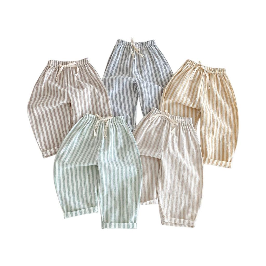 Kids' Striped Drawstring Pants - Linen Cotton Loose Fit Trousers