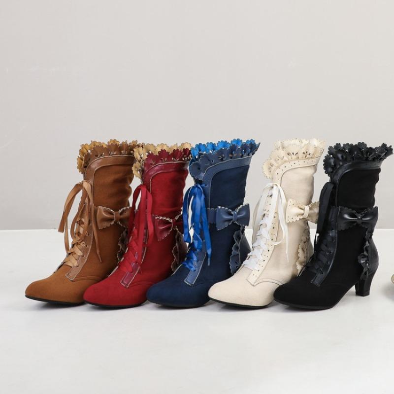 Retro Women's Boots Butterfly Knot Lace Up 6cm Square Heel High Heel Ruffle Silk Ribbon Short Boots 34-39 Large Size Women Shoes