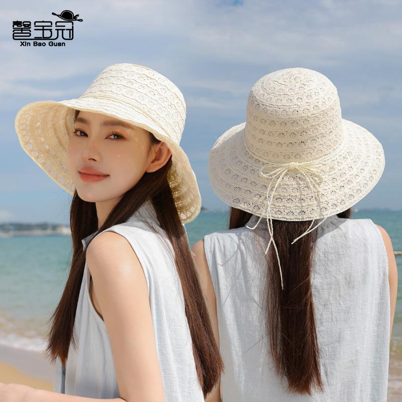Summer hollow lace straw hat women's outdoor beach sunscreen hat design sun hat large brim sunshade bucket hat