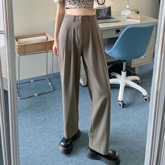 Women Suit Pants Button Zipper Fly High Waist Long Trousers Solid Color Straight Wide Leg Office Lady Pants