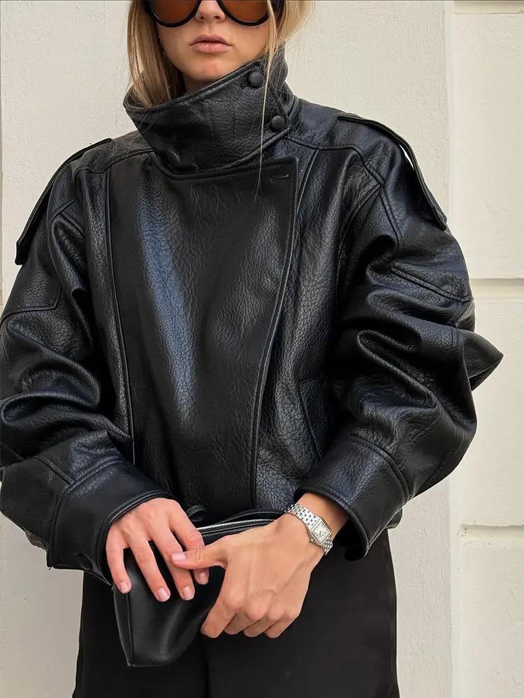 European Style Autumn/Winter Elegant Women's Lychee Pattern Leather Jacket