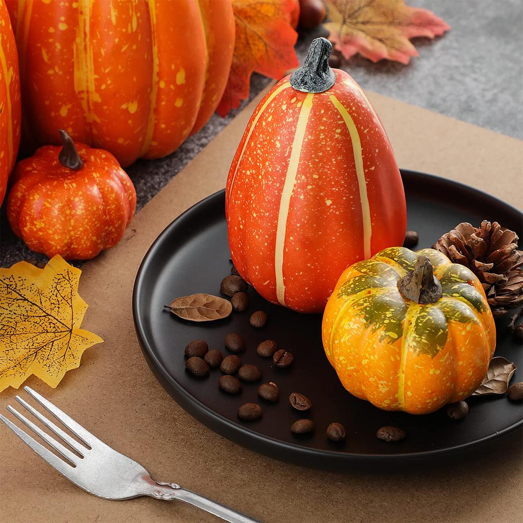 12pcs Artificial Pumpkins Set Party Decoration Simulation Props Assorted Large for Harvest Autumn Halloween Thanksgiving Fall