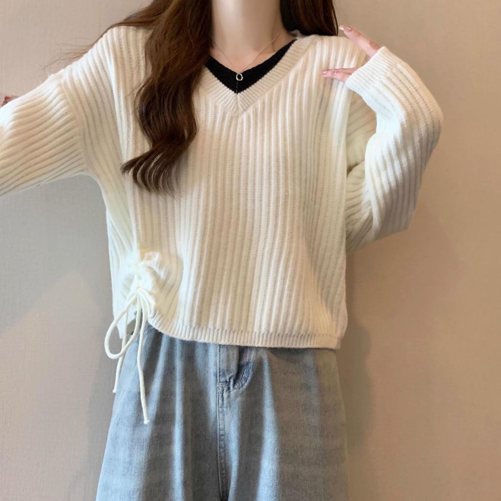 Knitted Sweater Women's Autumn  Winter Versatile Slimming V-neck Long Sleeved Fake Two-piece Drawstring Sweater