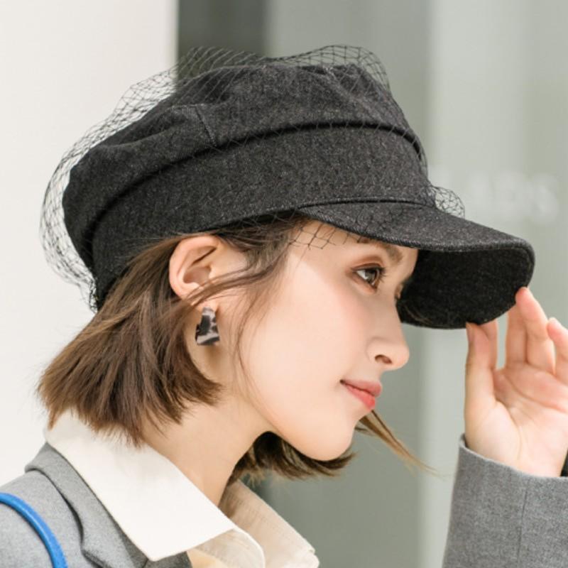 Fashion Lace Mesh Yarn Berets Hats For Women Girl Vintage Black Denim/Pu Flat Top Newsboy Caps Female Elegant Short Brim Sun Hat