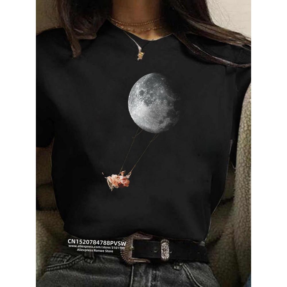 Dámské tričko s potiskem Měsíc Harajuku vtipné 90. léta dívka kreslený grafický potisk černé dámské tričko ležérní dámské tričko Kawaii tričko