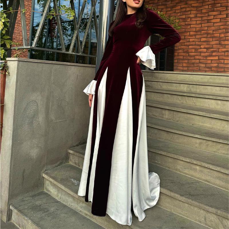 2025 Autumn Black and White Spliced Long Dress: Elegant, Sexy, and Dignified Women's Fashion for the Middle East