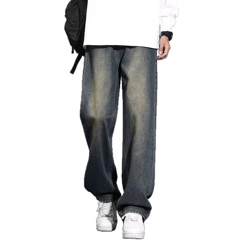Mens Vintage Washed Straight Fit Denim Jeans Loose Wide Leg Casual Streetwear Trousers