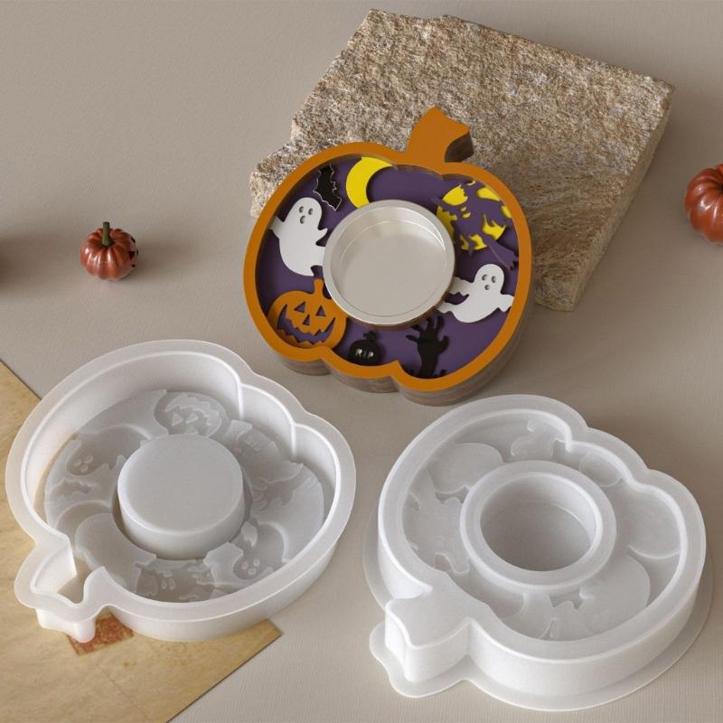 Reusable Silicone Crafting Mold For Festive Candle Base Featuring Halloween Pumpkin Bat And Specters Patterns